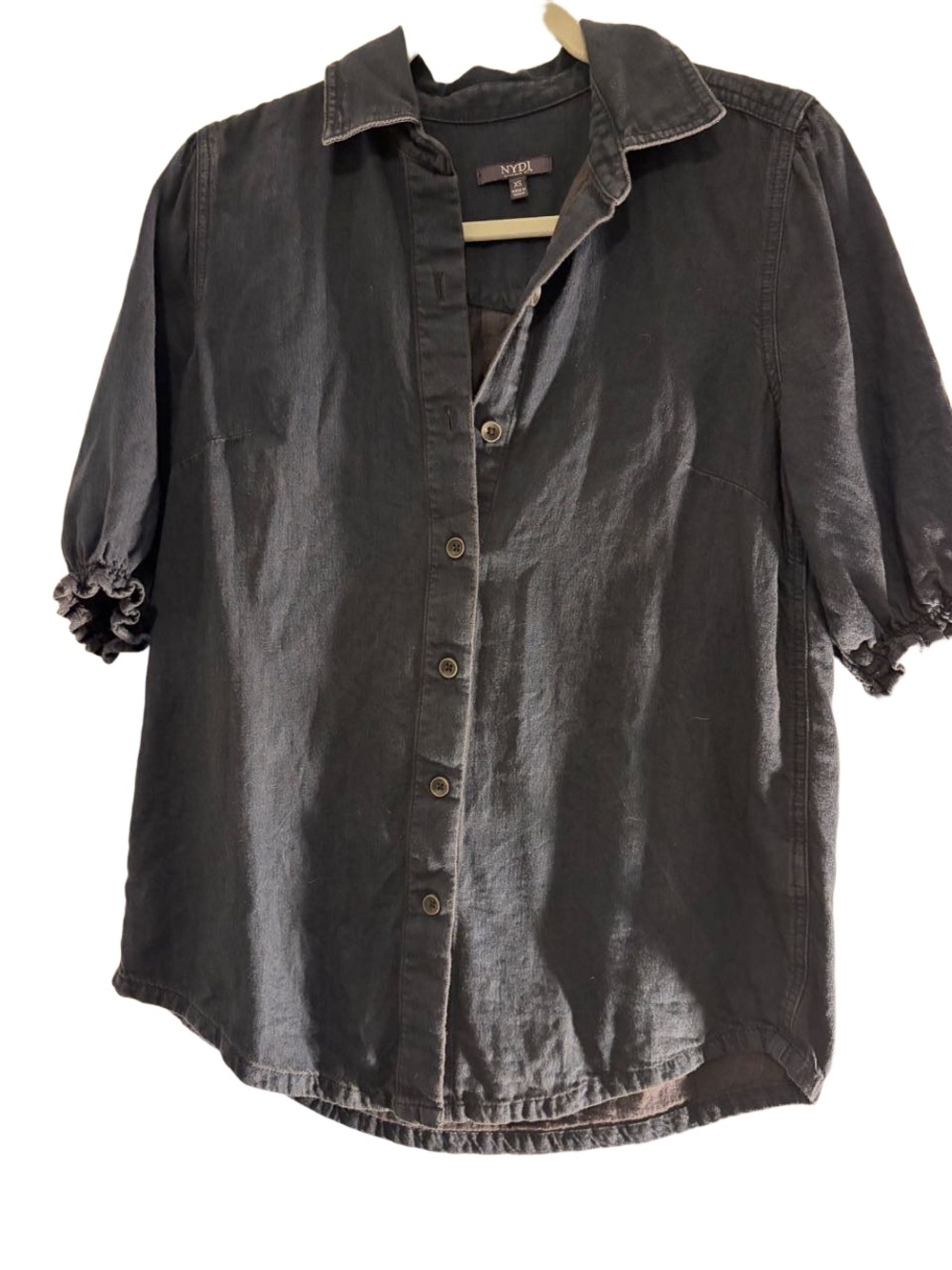 NYDJ Washed Black Short Sleeve Button-Up Shirt with Ruffle Cuffs, XS